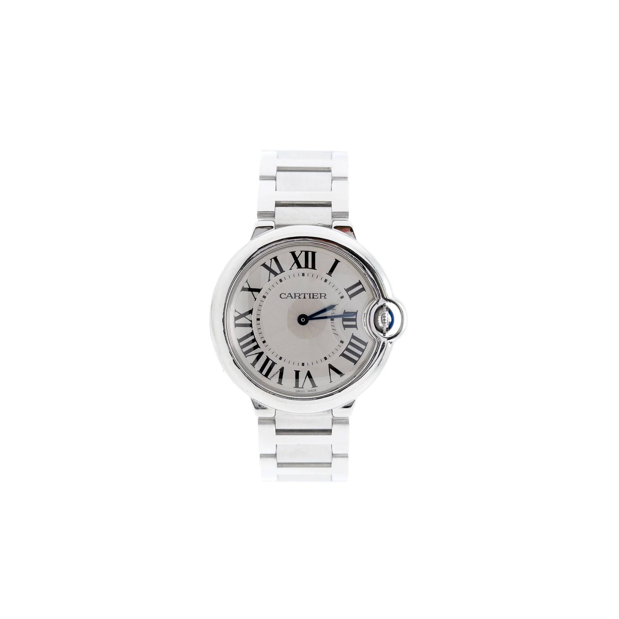 Montre Cartier Ballon Bleu en acier, cadran argenté à chiffres romains et bracelet métallique, montre de luxe