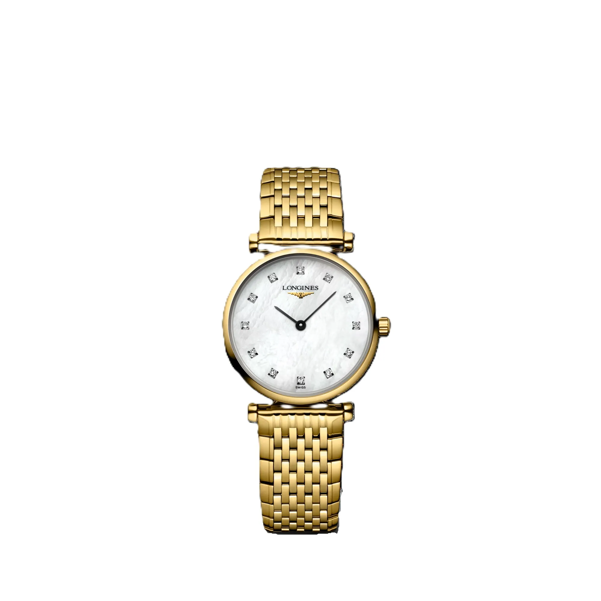 Montre Longines La Grande Classique dorée, cadran nacre à index diamants et bracelet métallique, montre de luxe