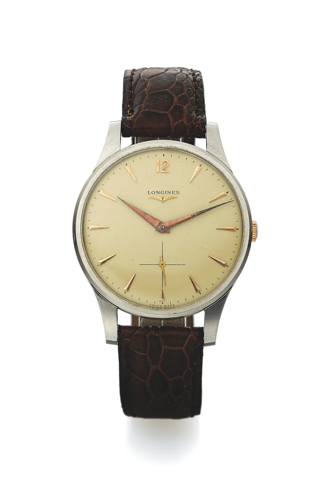 Montre-bracelet Longines ancienne en acier, cadran crème et bracelet de cuir brun, montre de luxe