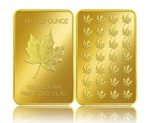 Lingot d'or d'une once troy gravé d'une feuille d'érable, métal précieux de collection