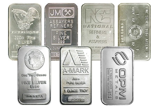 Lot de lingots d'argent fin .999 d'une once troy de différents affineurs, métal précieux