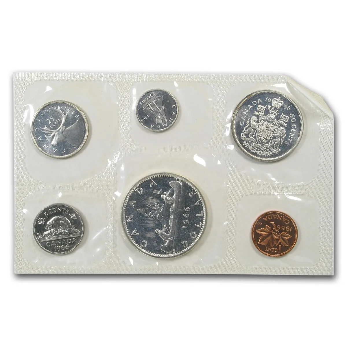 Ensemble de pièces canadiennes 1966 scellées, du 1 cent au dollar en argent, monnaie de collection numismatique