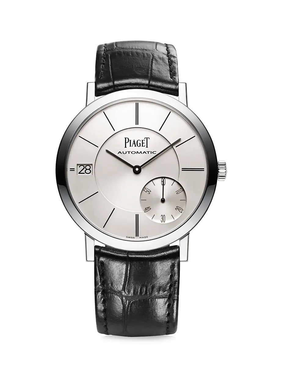 Montre Piaget Altiplano automatique en or blanc, cadran argenté et bracelet de cuir noir, montre de luxe