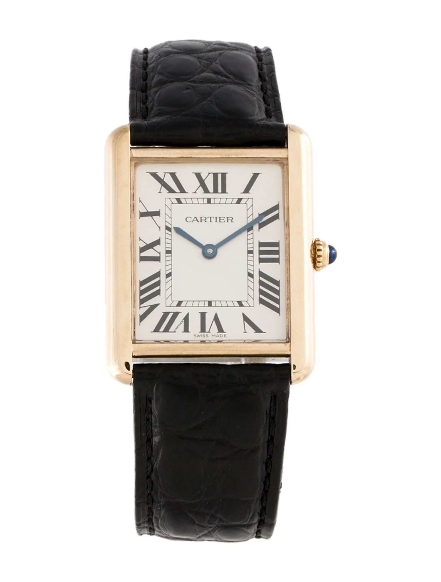 Montre Cartier Tank rectangulaire en or, cadran blanc à chiffres romains et bracelet noir, montre de luxe