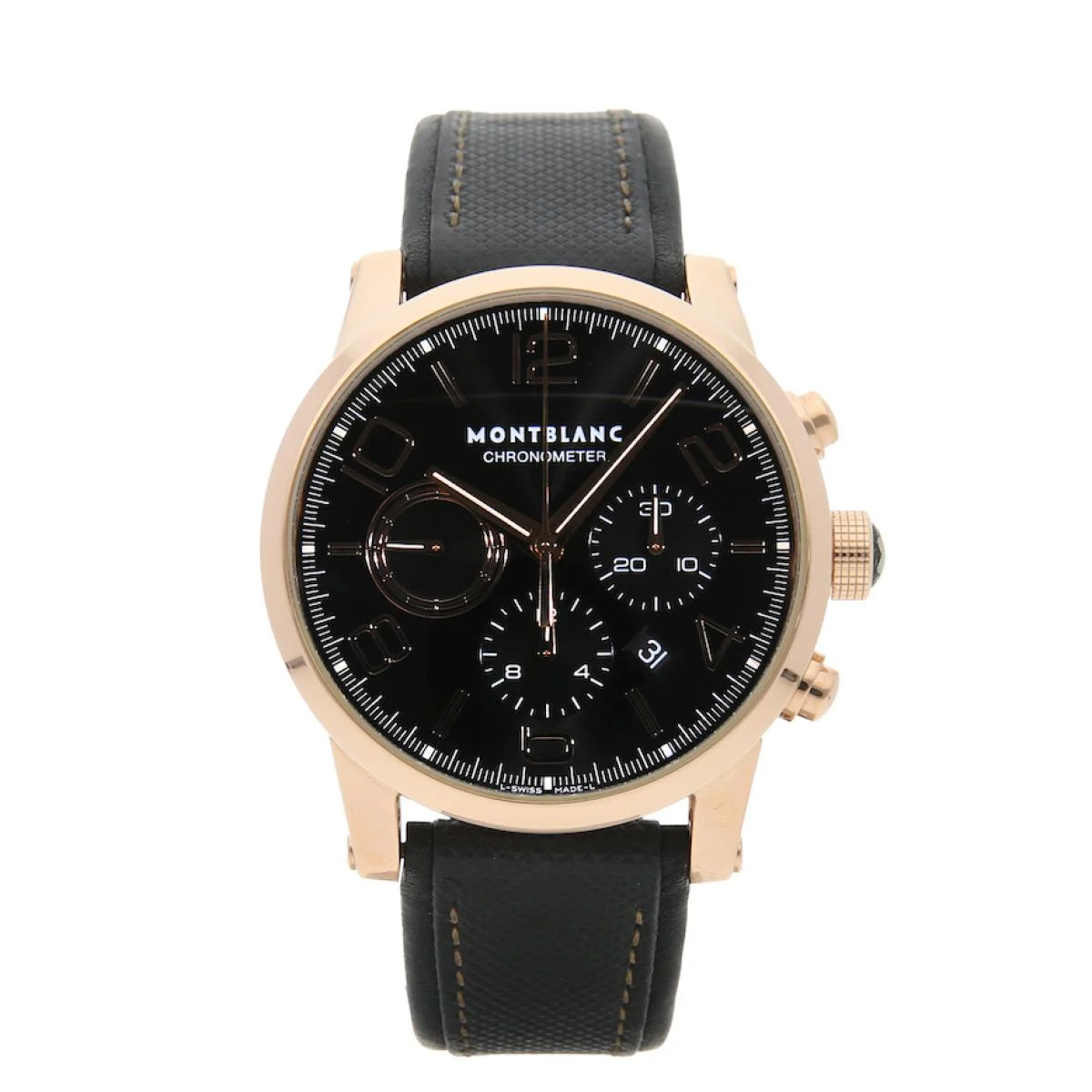 Montre Montblanc chronographe en or rose, cadran noir et bracelet de cuir, montre de luxe