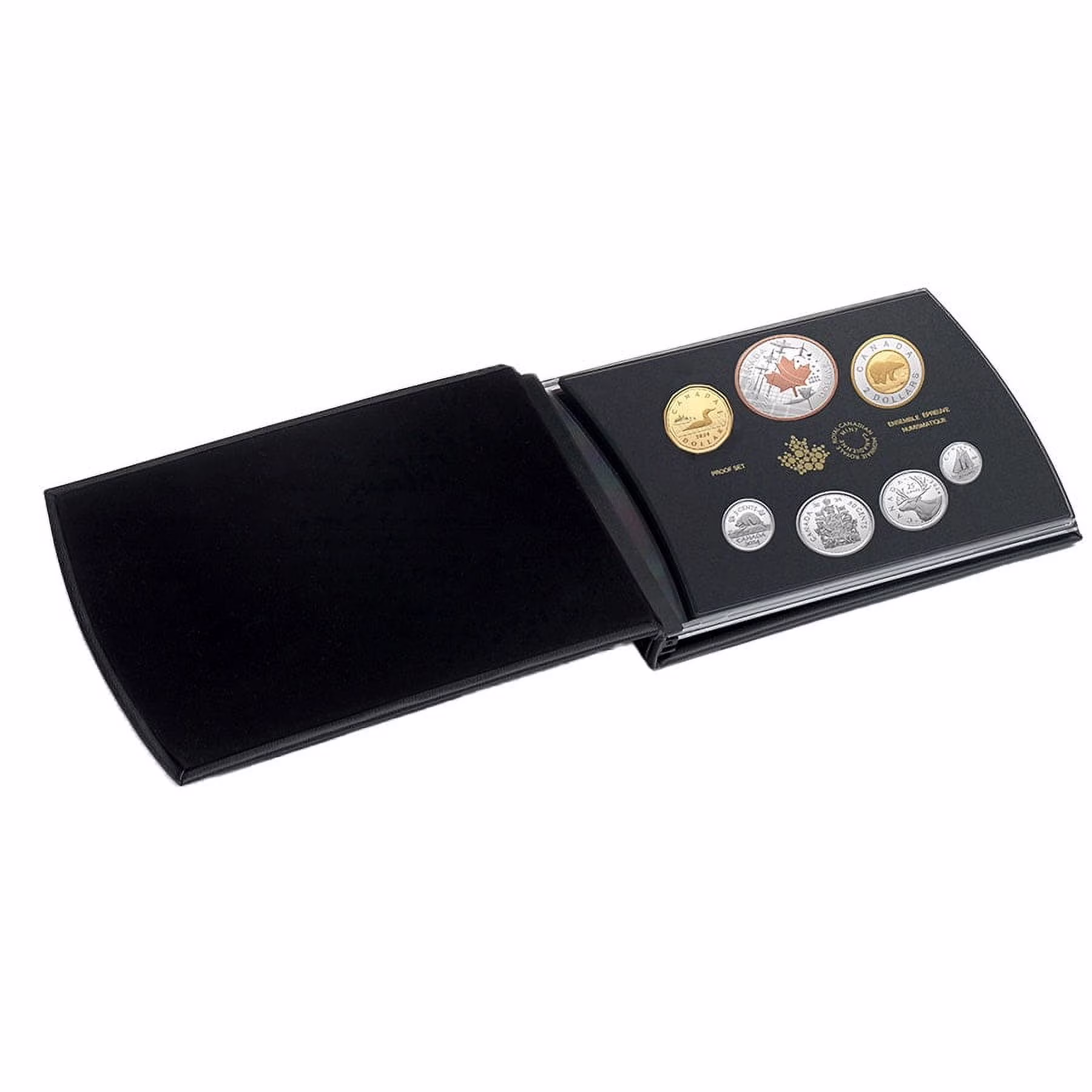 Coffret de pièces canadiennes de la Monnaie royale en étui noir, pièces en argent et dorées, monnaie de collection