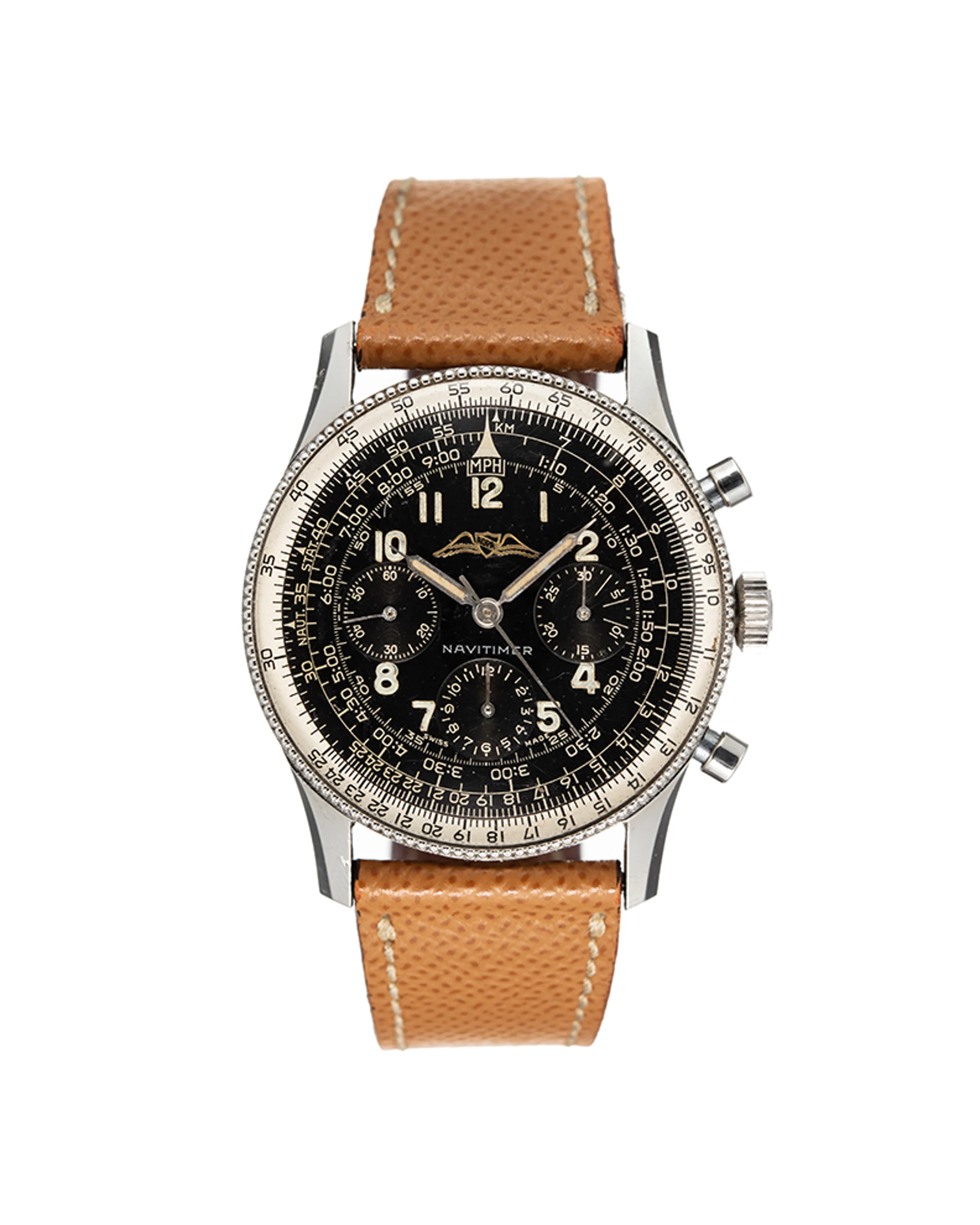 Montre Breitling Navitimer ancienne en acier, chronographe à cadran noir et bracelet de cuir, montre de luxe