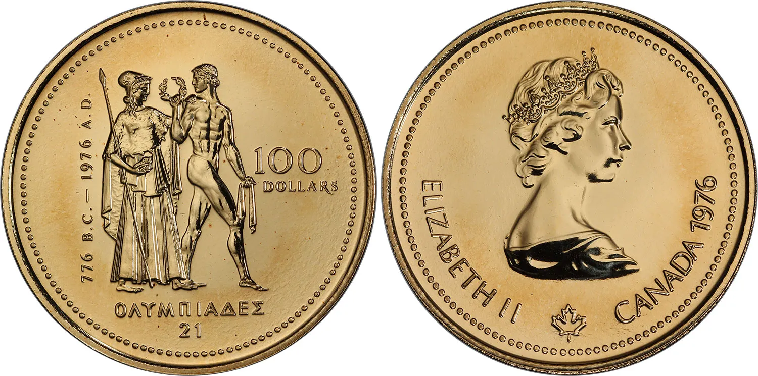 Pièce canadienne 100 dollars en or 1976, Jeux olympiques de Montréal, effigie d'Élizabeth II