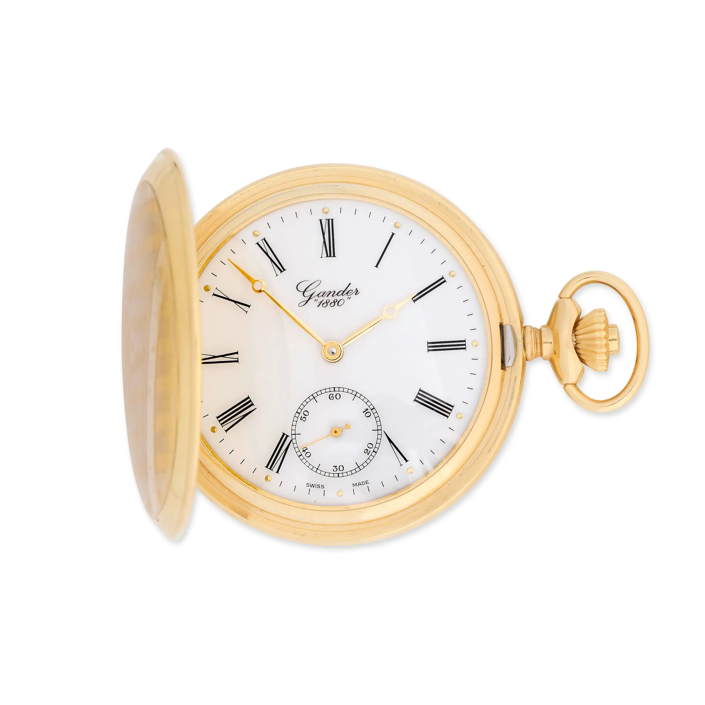 Montre de poche Gander en or à couvercle, cadran émaillé blanc à chiffres romains, montre ancienne de collection