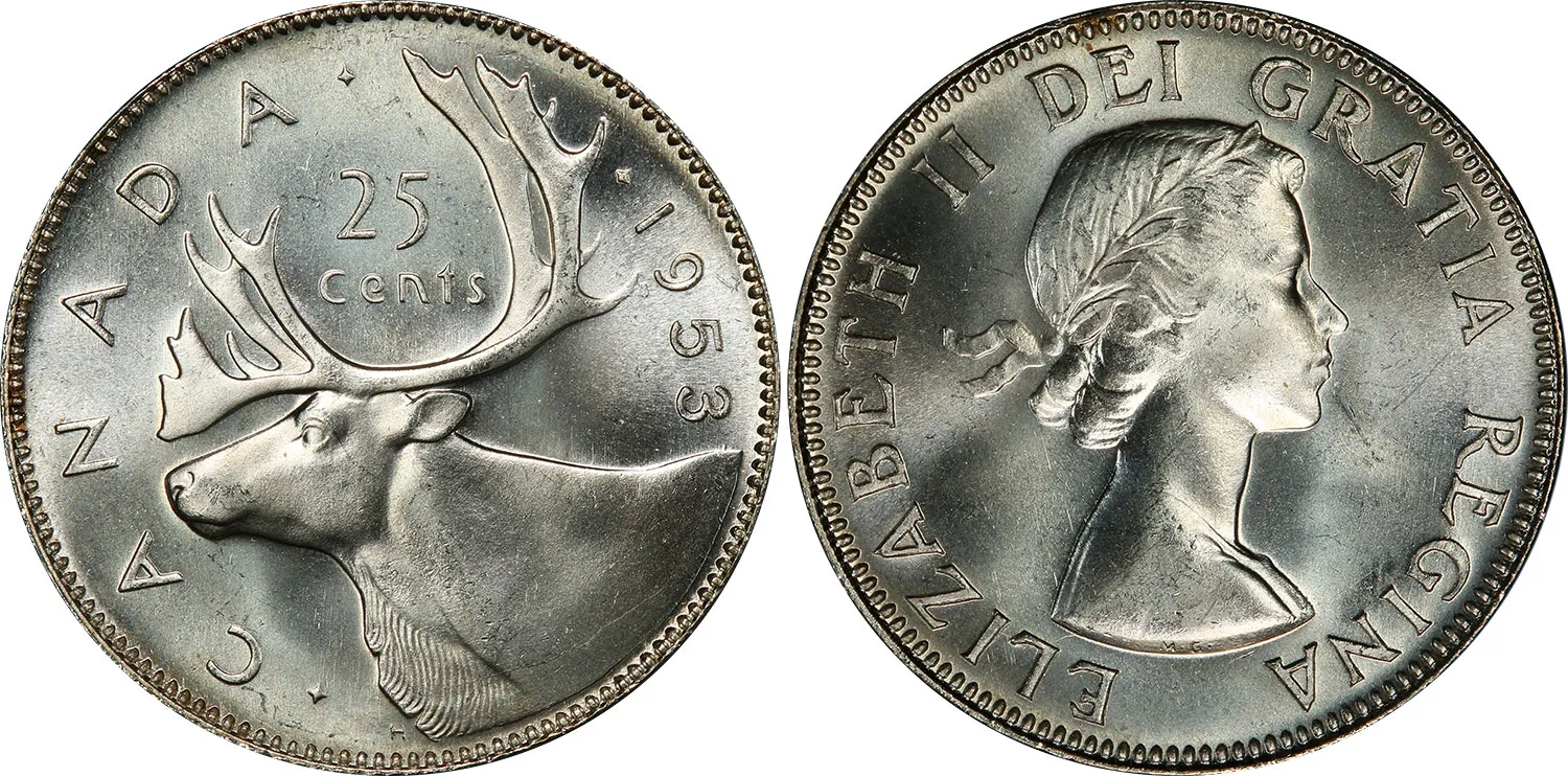 Pièce canadienne de 25 cents en argent de 1953 au caribou et effigie d'Élizabeth II, pièce de collection