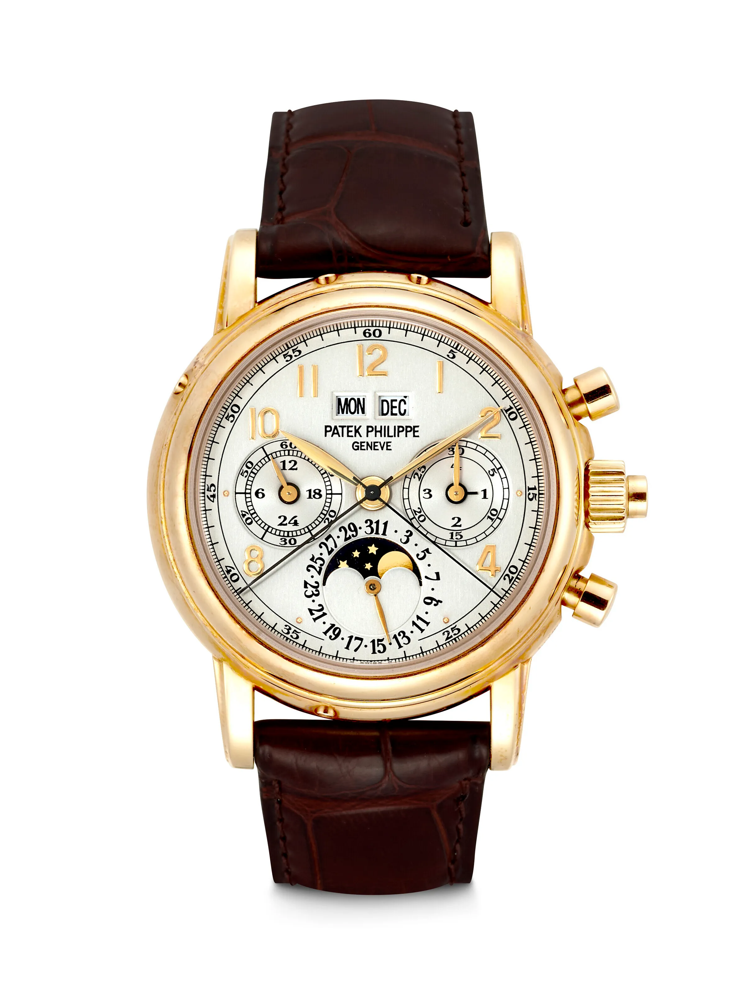 Montre Patek Philippe en or jaune, chronographe à quantième perpétuel et phases de lune, montre de luxe