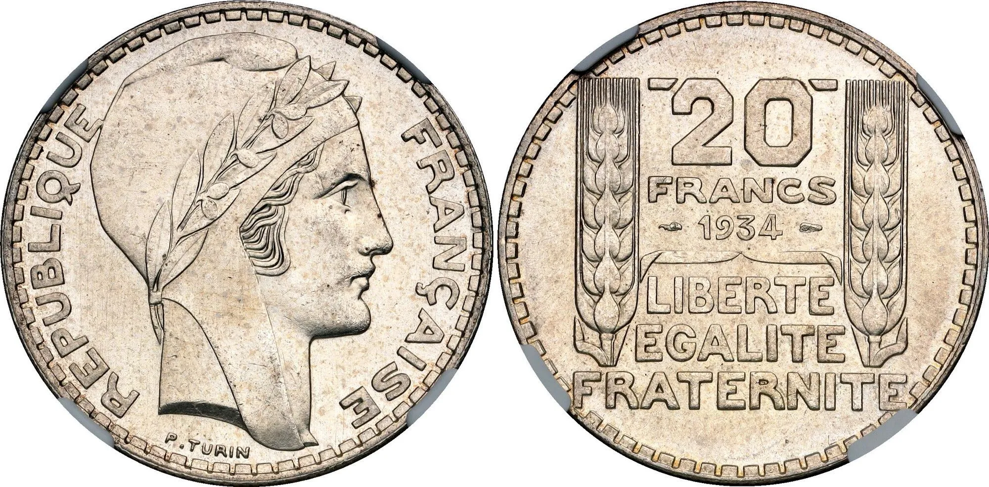 Pièce française 20 francs Turin 1934 en argent, avers et revers, monnaie de collection numismatique