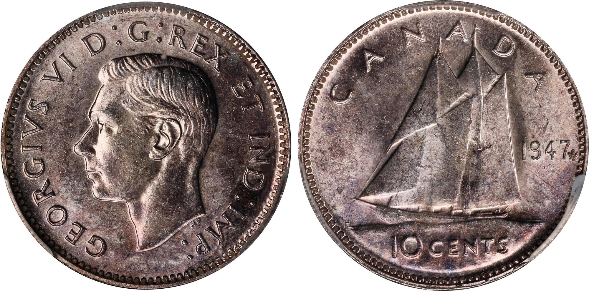 Pièce canadienne 10 cents 1947 en argent, effigie George VI et voilier Bluenose, monnaie de collection