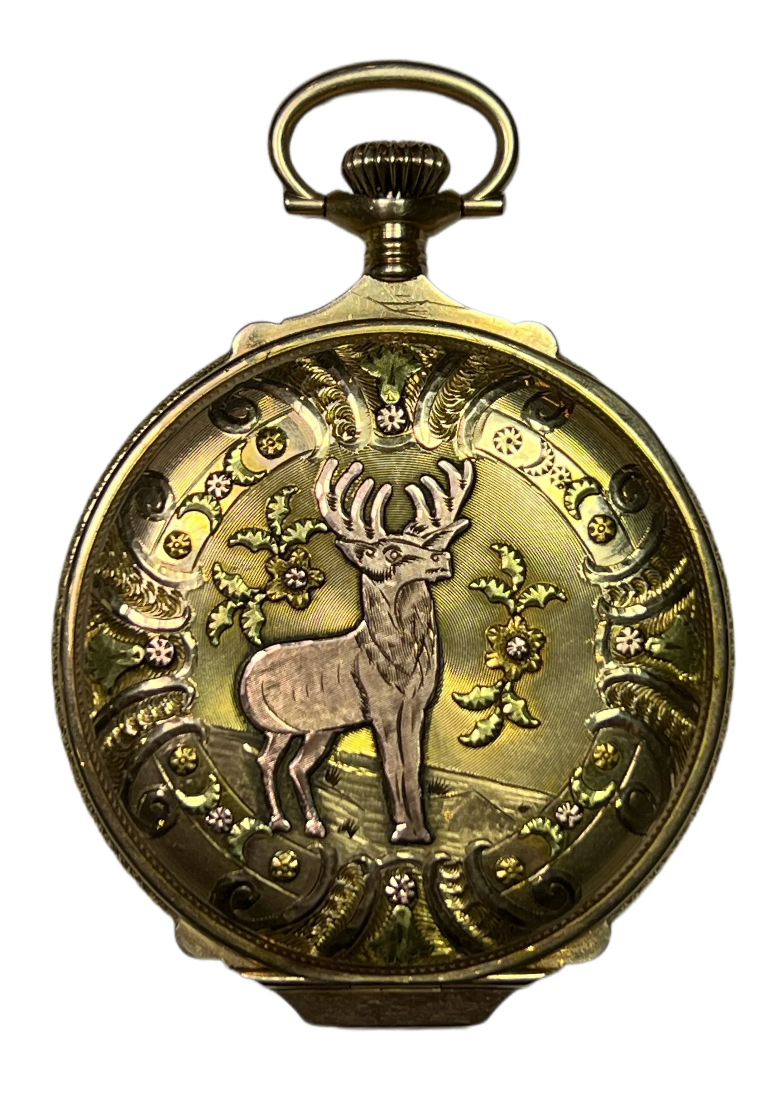 Montre de poche ancienne en or multicolore gravée d'un cerf et de fleurs, achat de montres