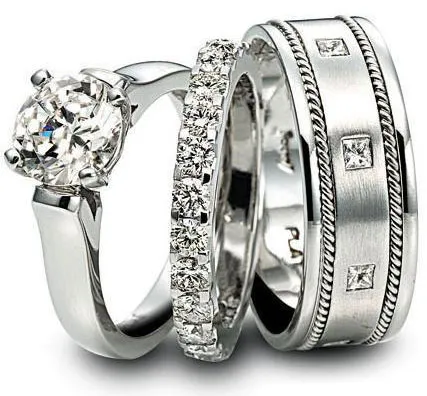 Ensemble de bagues en platine serties de diamants, solitaire et alliances, bijou en platine évalué comptant
