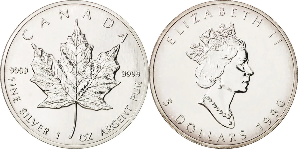 Pièce Feuille d'érable canadienne d'une once en métal précieux pur, recto verso avec effigie de la reine