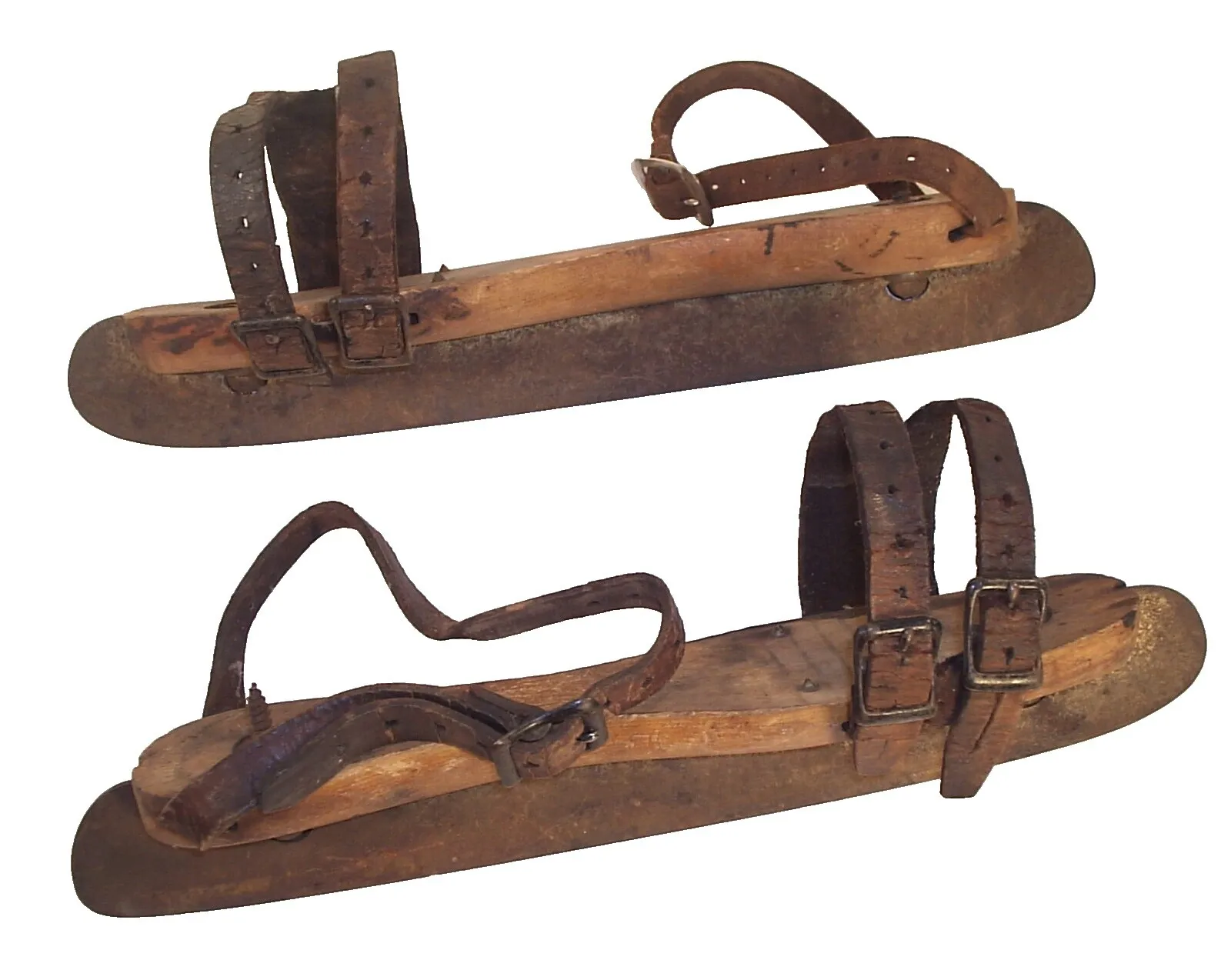 Paire de patins à glace anciens en bois avec lames d'acier et courroies de cuir, memorabilia sportif de collection