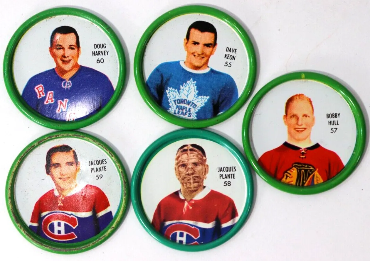 Lot de jetons de hockey vintage avec joueurs de la LNH dont Jacques Plante, souvenir sportif de collection