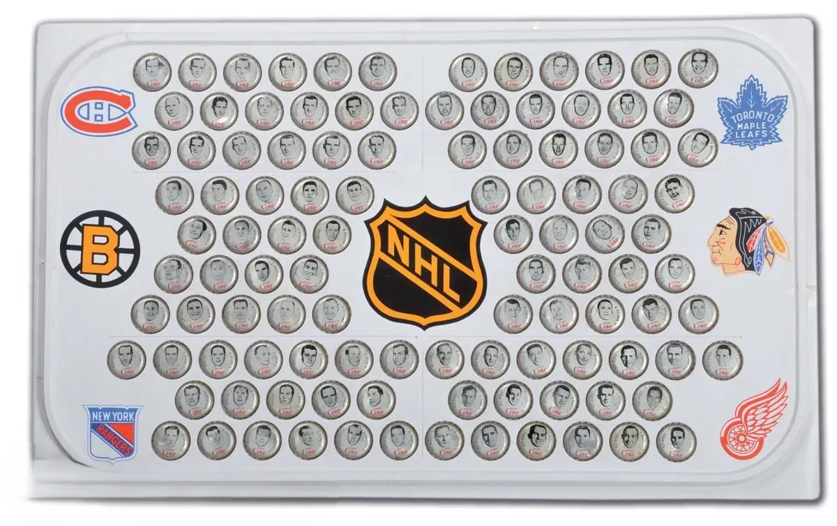 Tableau de capsules Coca-Cola de joueurs de la LNH avec logos d'équipes, memorabilia hockey de collection