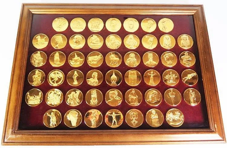 Collection Franklin Mint de médailles dorées encadrées sur velours rouge, édition limitée de collection