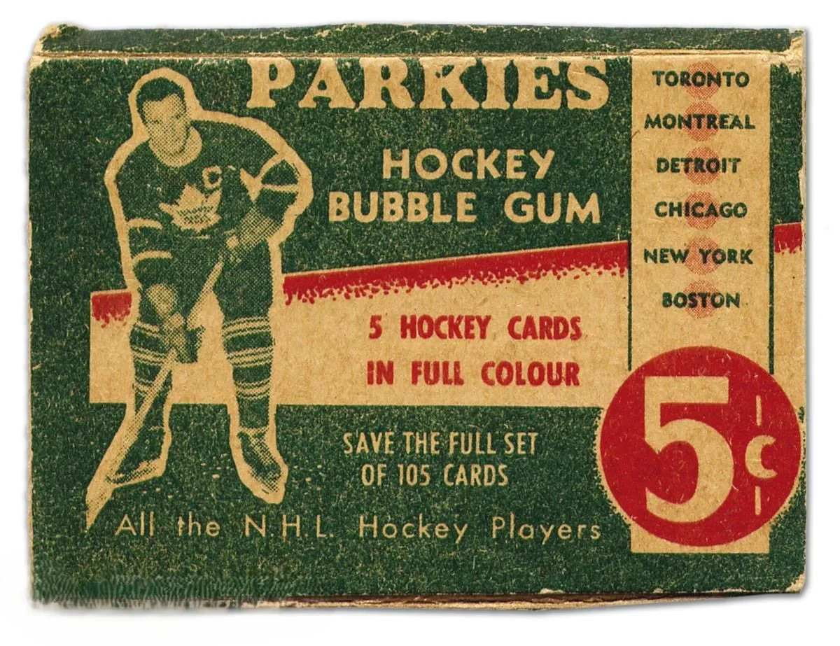 Boîte ancienne Parkies Hockey Bubble Gum des années 1950, cartes de hockey de collection