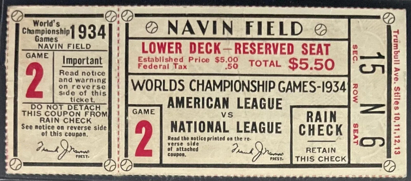 Billet ancien de la Série mondiale de baseball 1934 à Navin Field, souvenir sportif de collection