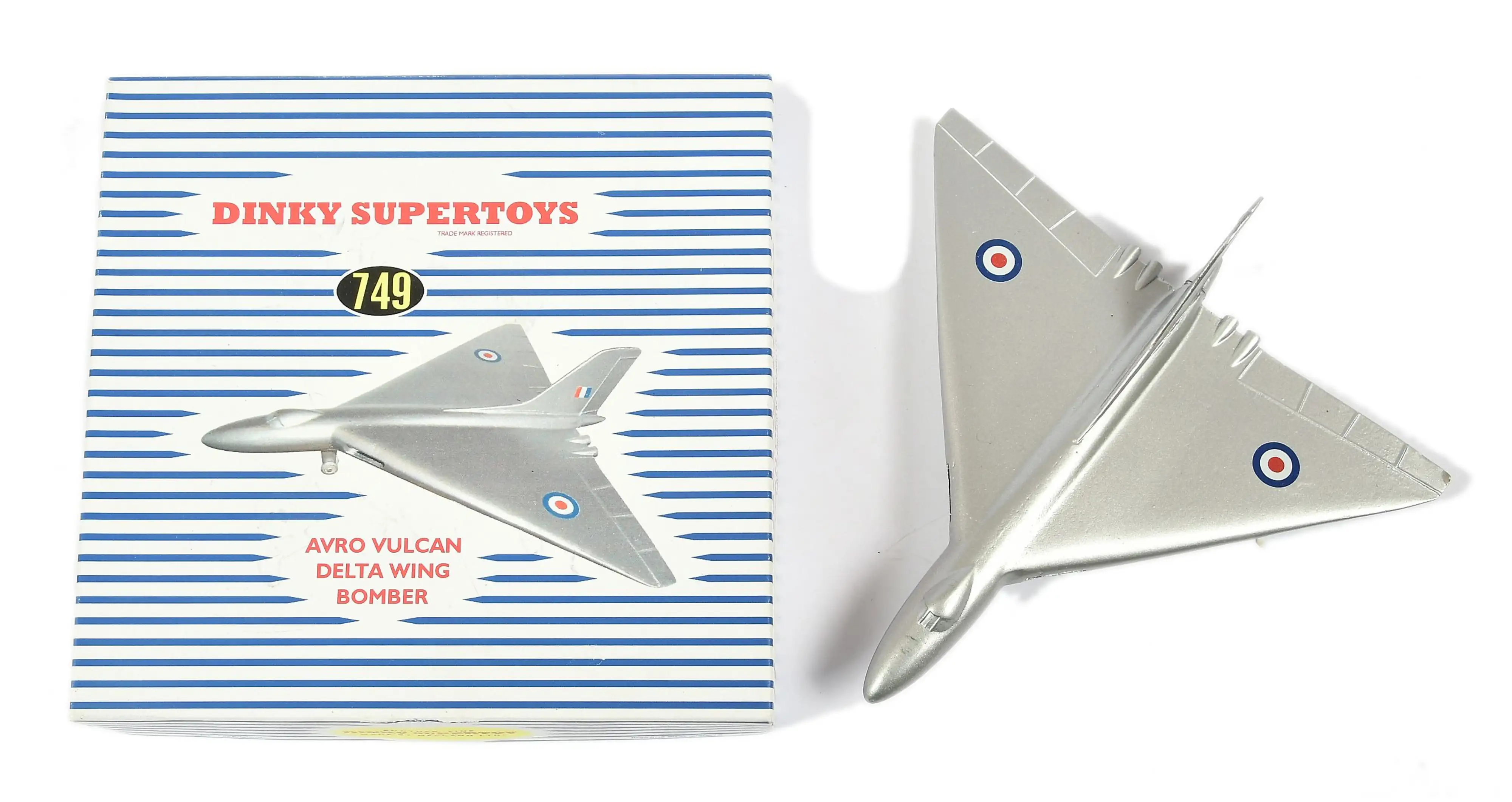 Avion bombardier Avro Vulcan Dinky Supertoys 749 argenté avec boîte, jouet de collection ancien