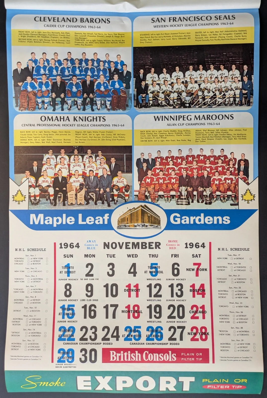 Calendrier-affiche de hockey 1964 du Maple Leaf Gardens avec photos d'équipes, memorabilia sportif de collection
