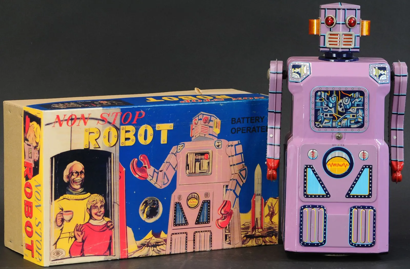 Robot en tôle mauve Non Stop Robot à pile avec boîte japonaise, jouet vintage de collection