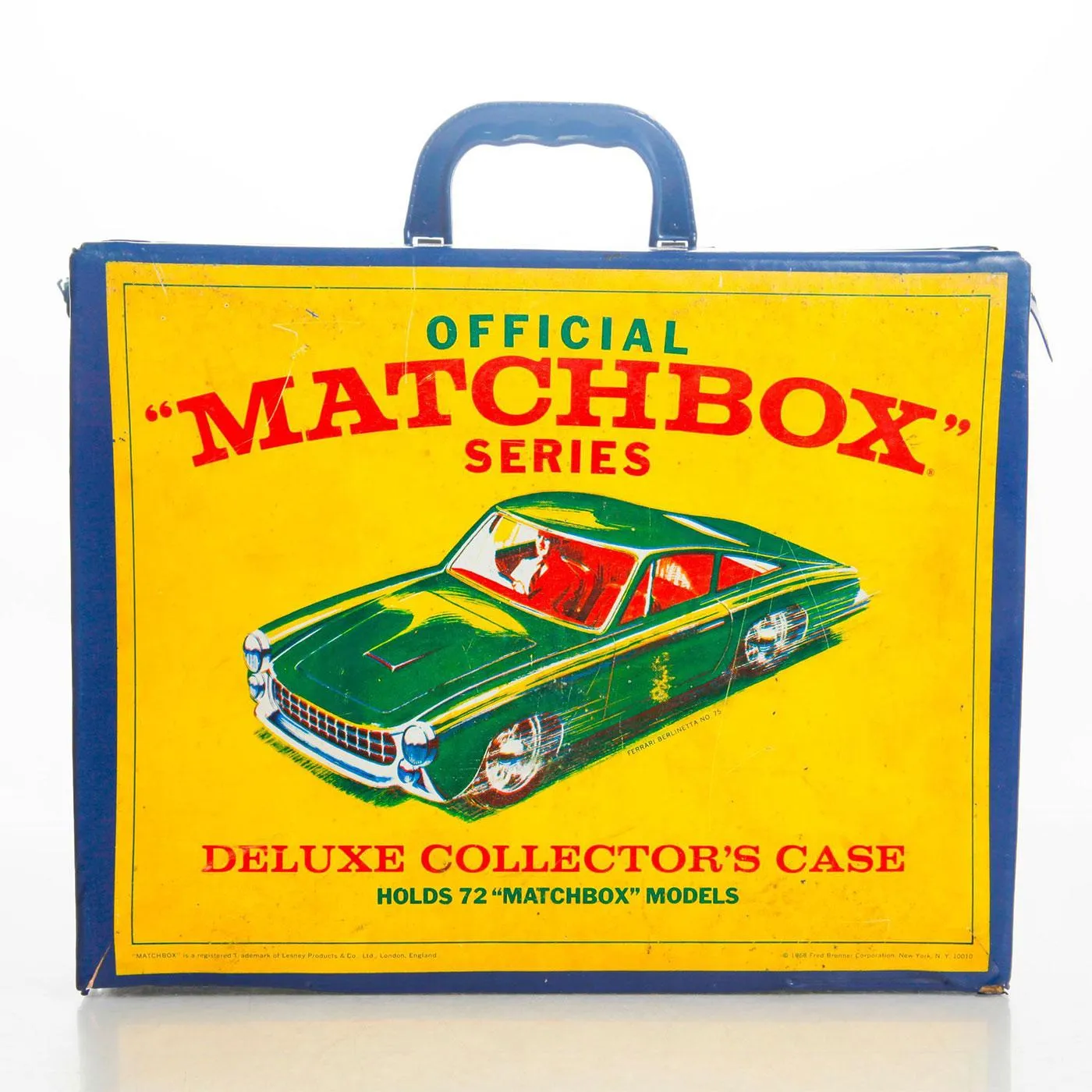 Mallette de rangement Matchbox jaune et bleue pour autos miniatures, jouet vintage de collection