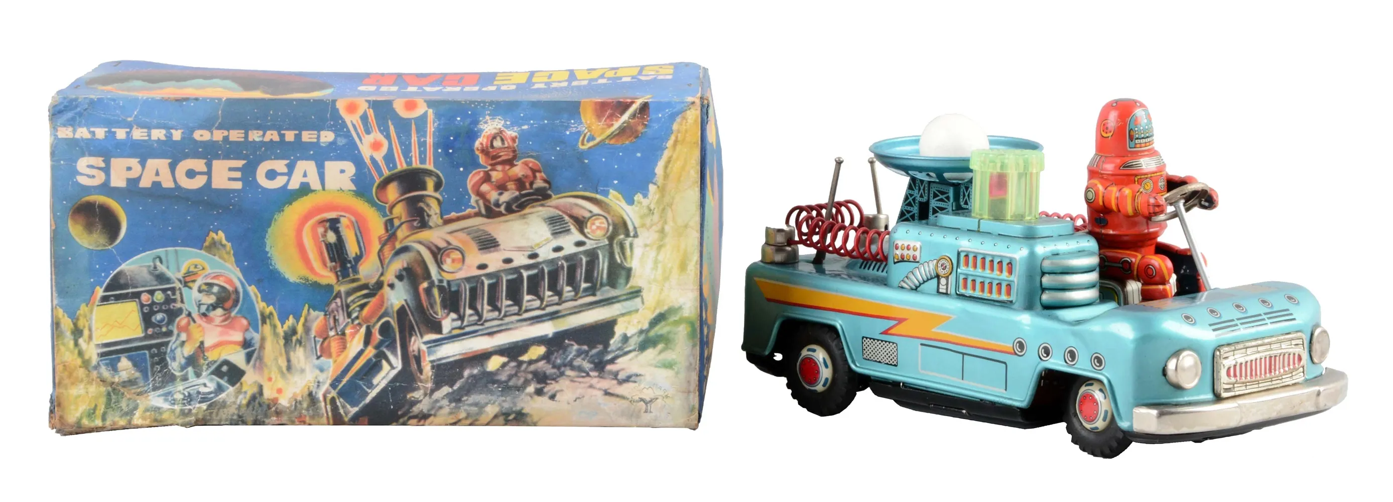 Space Car en tôle à pile avec robot et boîte d'origine, jouet vintage de collection