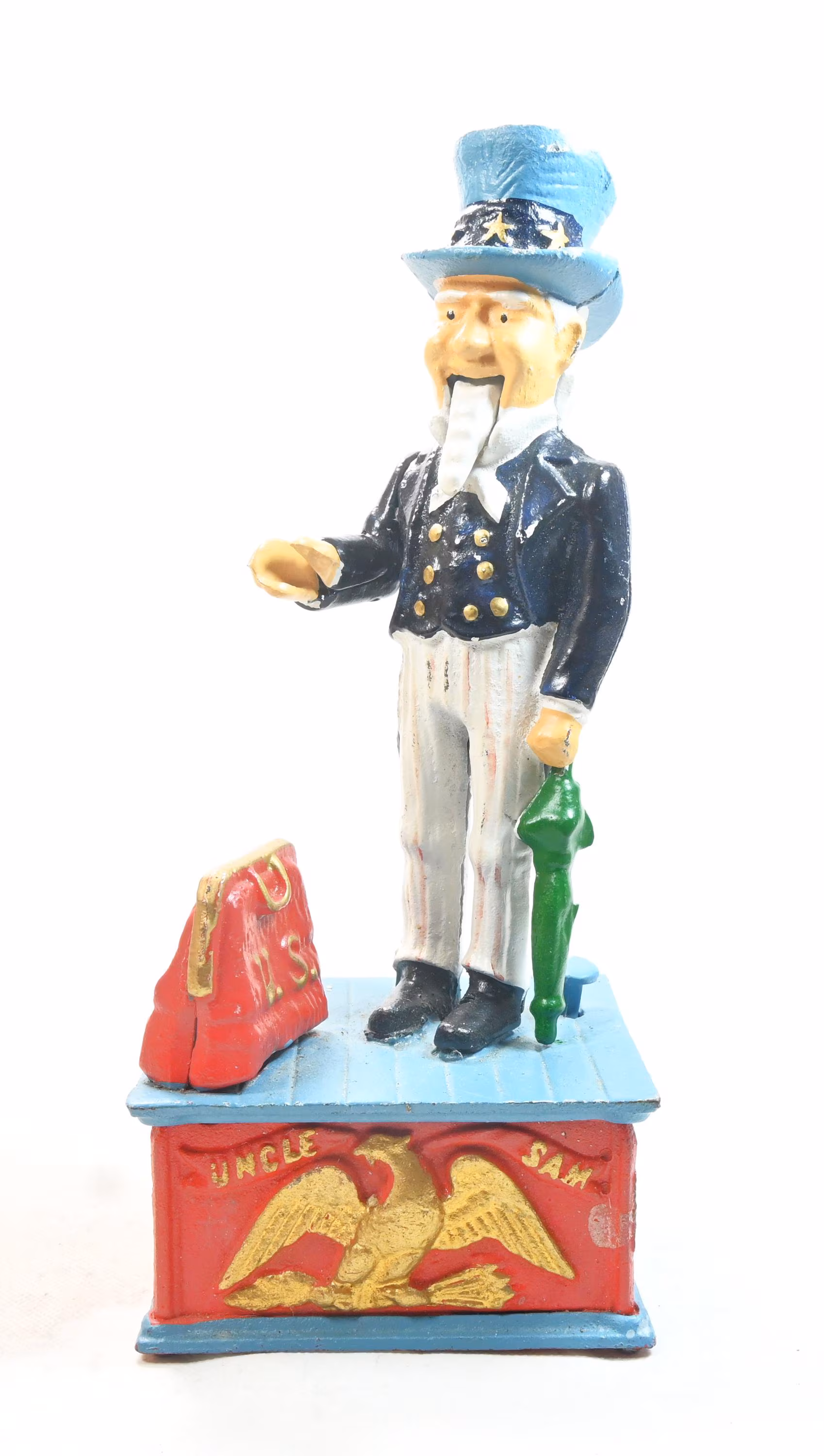 Tirelire mécanique Oncle Sam en fonte peinte avec aigle, jouet de collection ancien