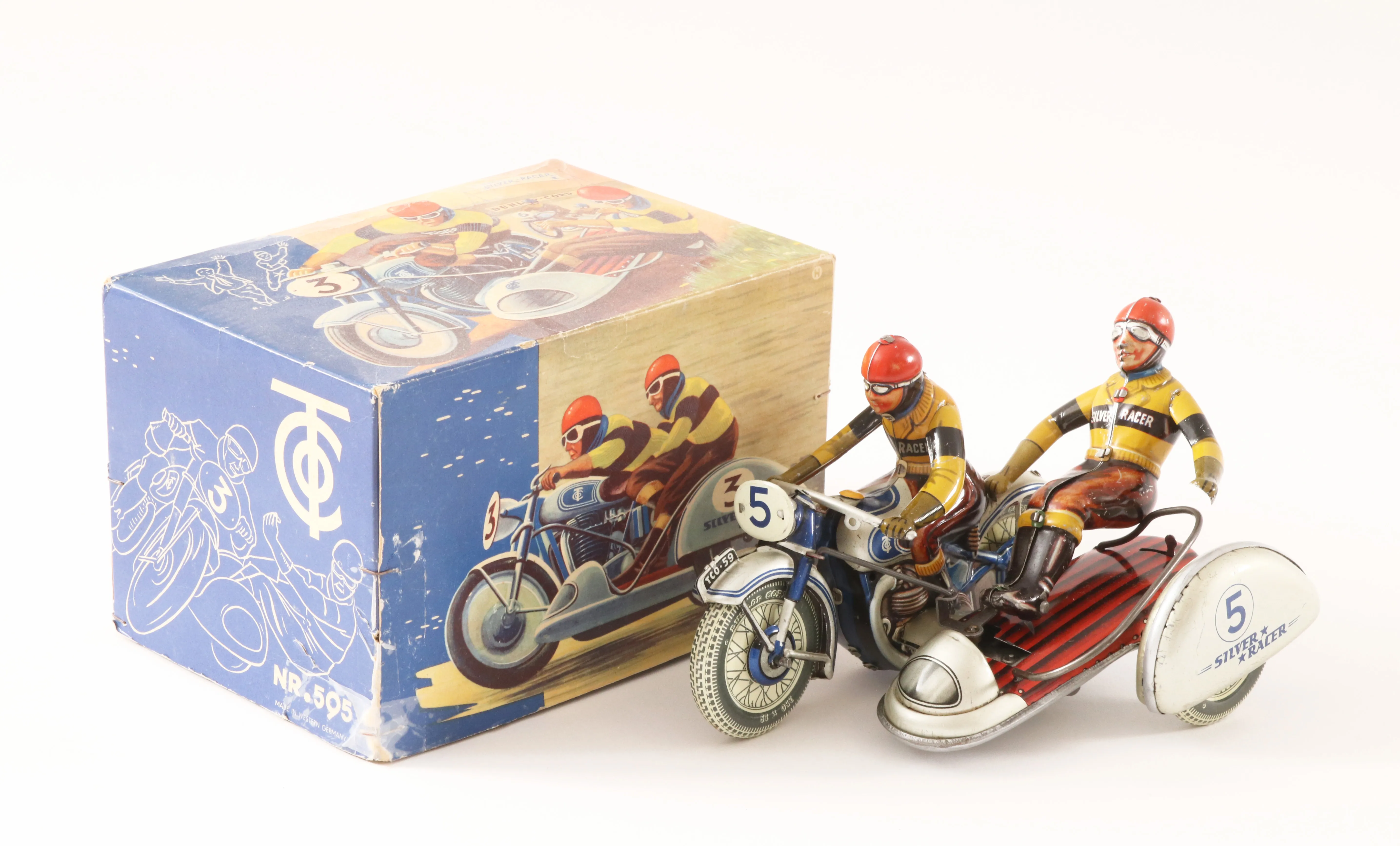 Moto en tôle Silver Racer avec side-car et boîte originale, jouet de collection ancien