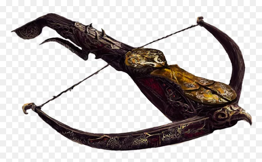 Arbalète ancienne au fût gravé et doré à motifs ornementés, arme antique de collection militaria