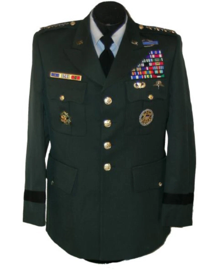 Veste d'uniforme d'officier de l'armée américaine verte avec insignes et rubans, souvenir militaire de collection