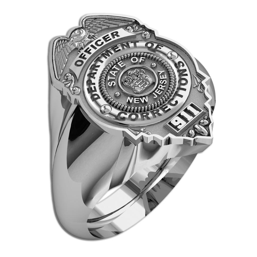 Bague d'agent correctionnel en argent avec insigne du New Jersey, souvenir militaire et policier de collection