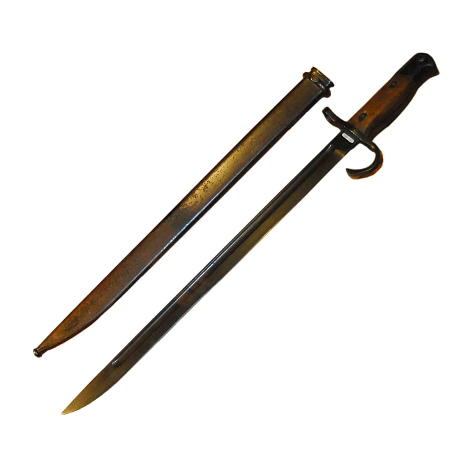 Baïonnette militaire ancienne à poignée de bois avec fourreau métallique, arme antique de collection militaria