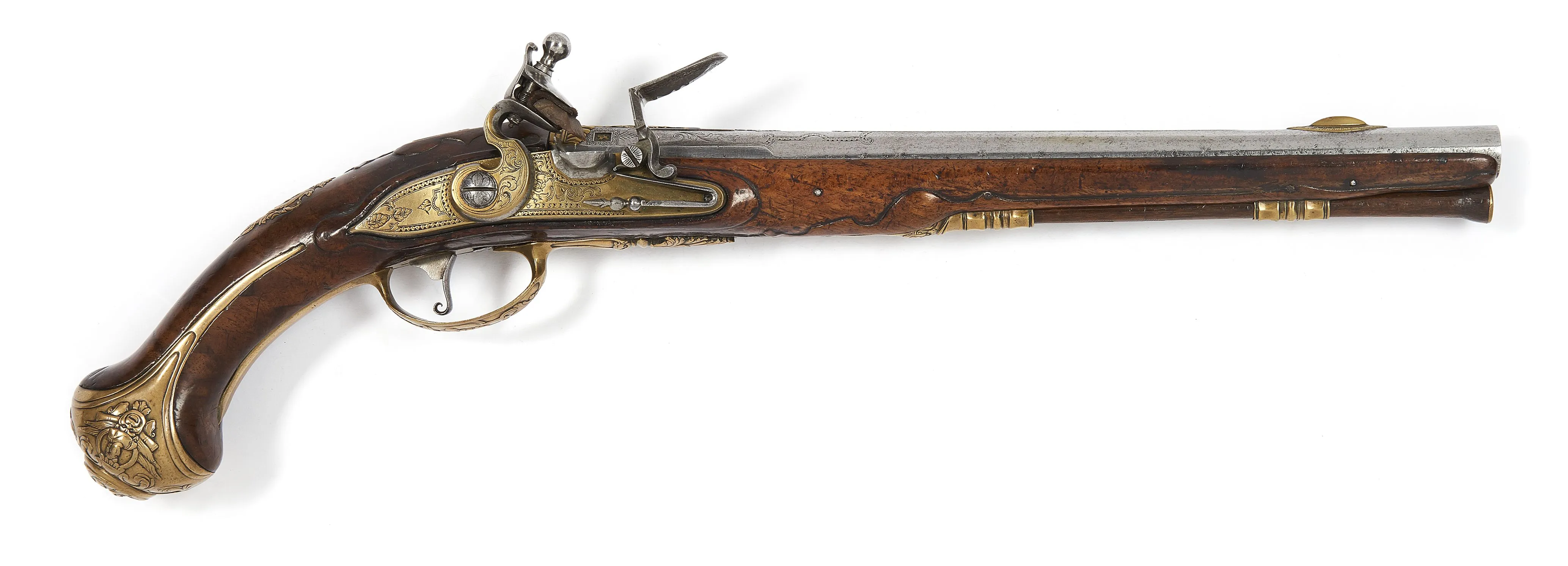 Pistolet à silex ancien avec crosse en bois et garnitures de laiton gravé, arme de collection et militaria