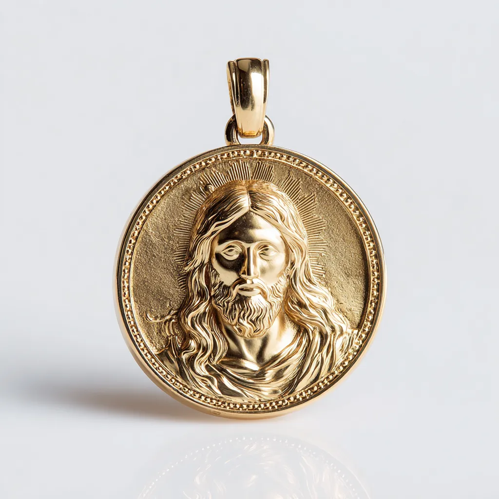 Pendentif médaillon religieux en or jaune gravé du Christ, bijou en or de collection