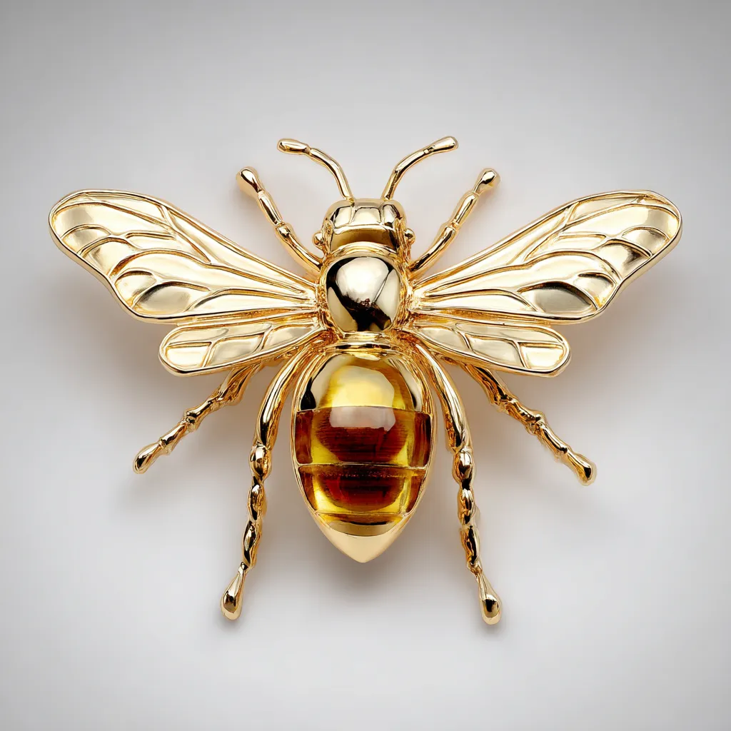 Broche abeille en or jaune au corps ambré, bijou en or de collection évalué comptant