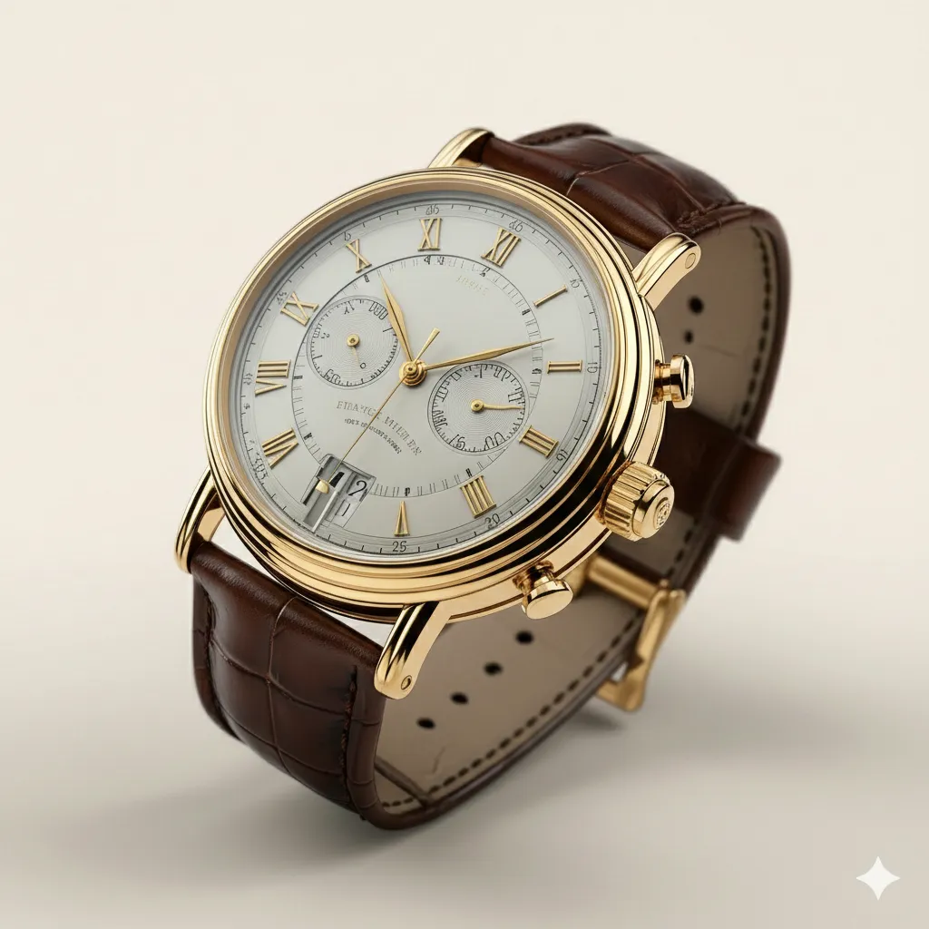 Montre-bracelet chronographe en or jaune à bracelet de cuir brun, chiffres romains, bijou en or de luxe