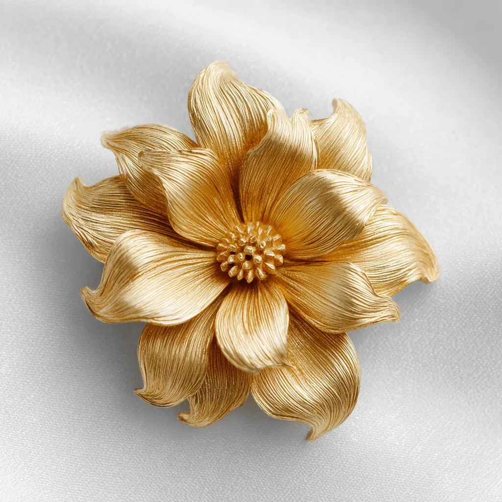 Broche fleur en or jaune aux pétales ciselés, bijou en or de collection