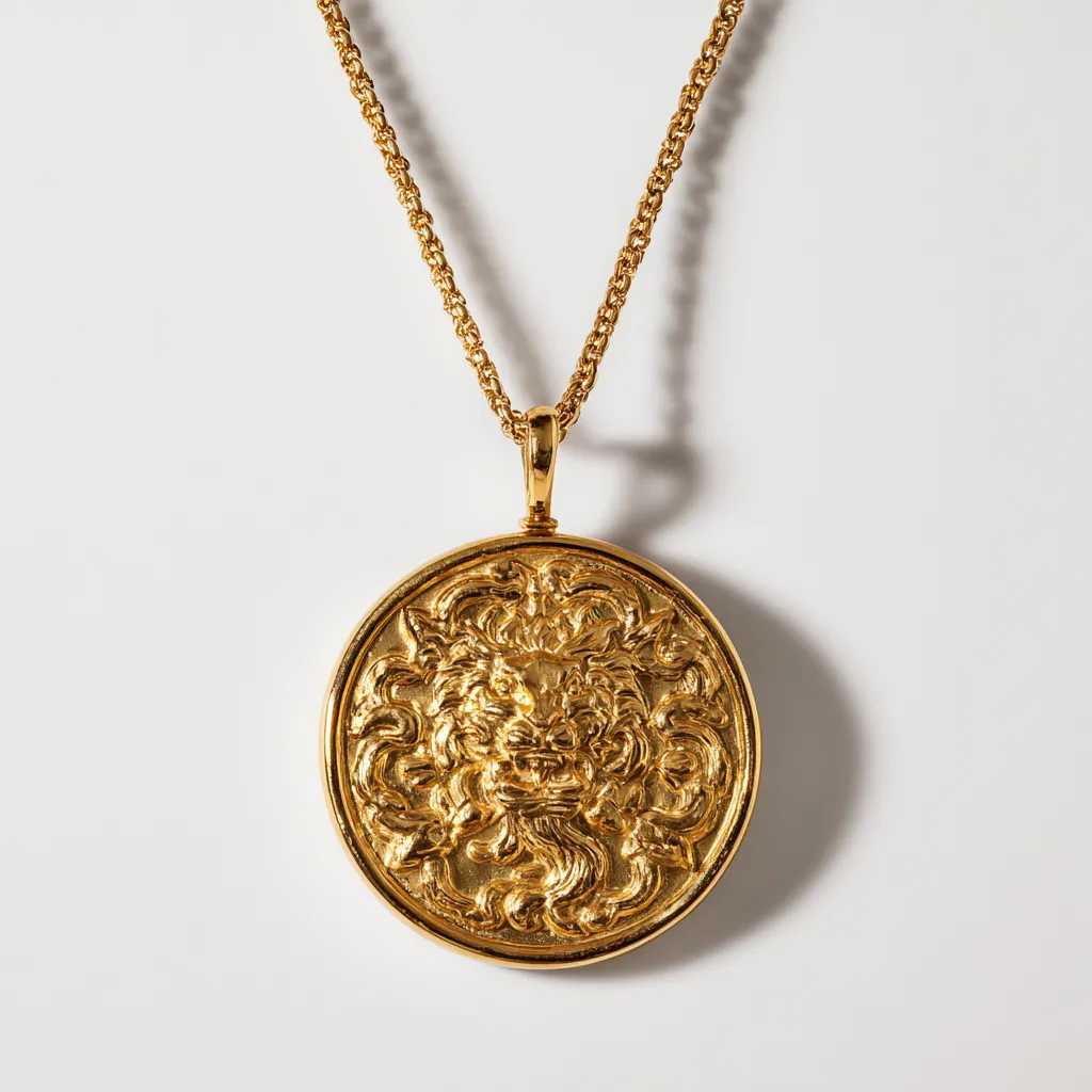 Pendentif rond en or jaune gravé d'une tête de lion sur chaîne, bijou en or