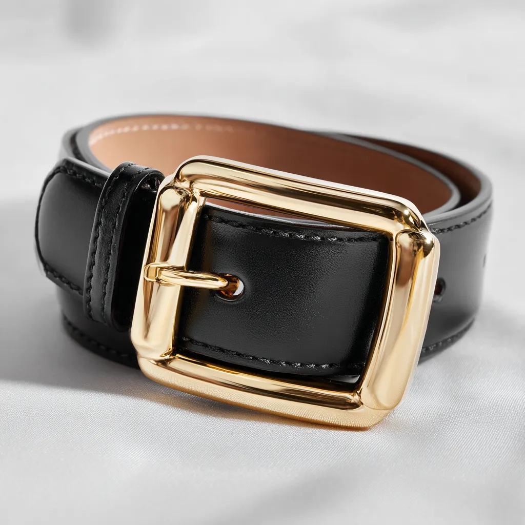 Ceinture en cuir noir à boucle dorée en or, accessoire de luxe évalué