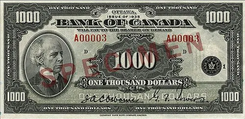 Billet de 1000 dollars Banque du Canada 1935, effigie de Wilfrid Laurier, billet canadien ancien de collection