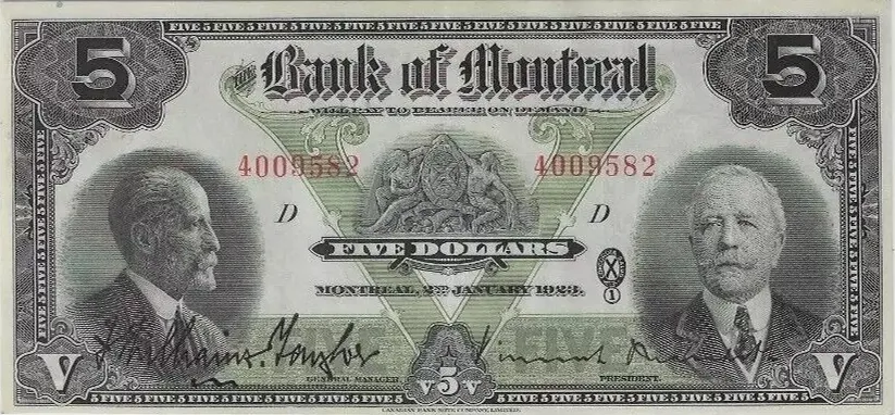 Billet de 5 dollars Bank of Montreal 1923, deux portraits, billet canadien ancien de collection