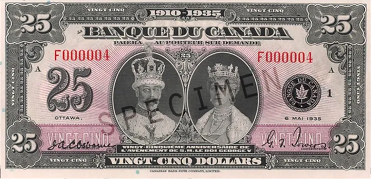 Billet commémoratif de 25 dollars Banque du Canada 1935, roi George V et reine Mary, billet canadien ancien de collection