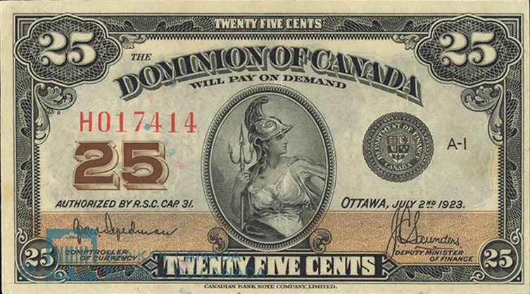 Billet de 25 cents Dominion of Canada 1923, vignette de Britannia, billet canadien ancien de collection