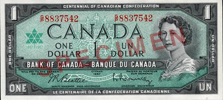 Billet de 1 dollar Banque du Canada 1967 du Centenaire, reine Élisabeth II, billet canadien ancien de collection