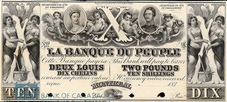 Billet La Banque du Peuple Montréal deux louis dix chelins, effigie reine Victoria, billet canadien ancien de collection